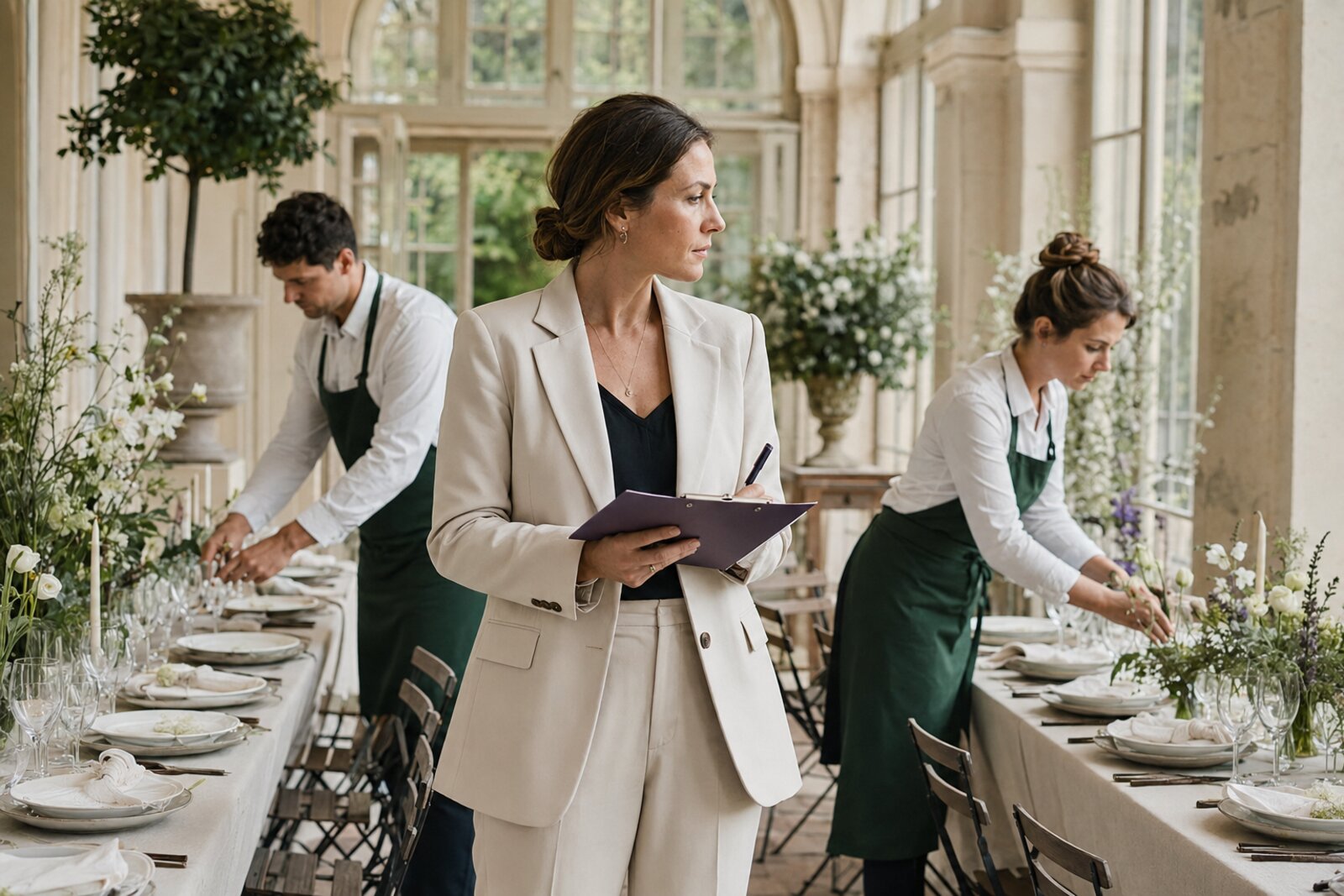 Wedding planner coordonnant avec précision une équipe pendant l’installation d’une réception