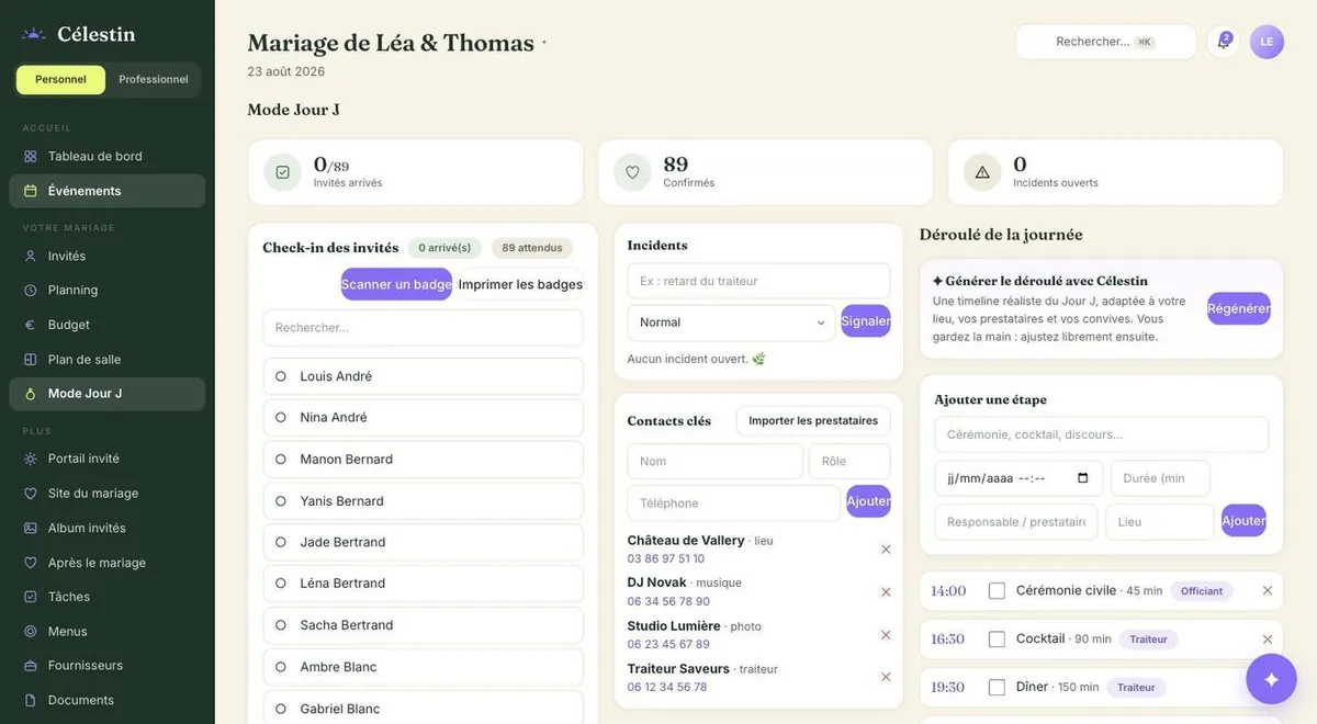 Capture de MON CÉLESTIN, Mode jour J : check-in des invités, contacts clés des prestataires et déroulé de la journée.