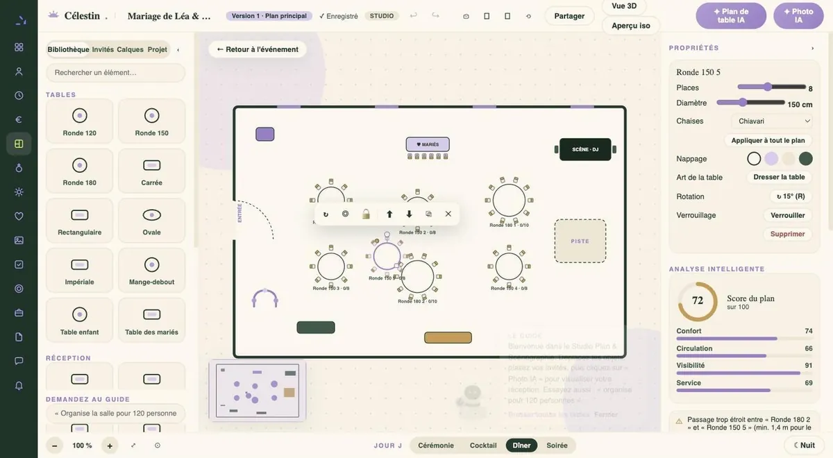 Capture de MON CÉLESTIN, Plan de salle : studio 2D/3D, bibliothèque de tables et analyse (confort, circulation, service).