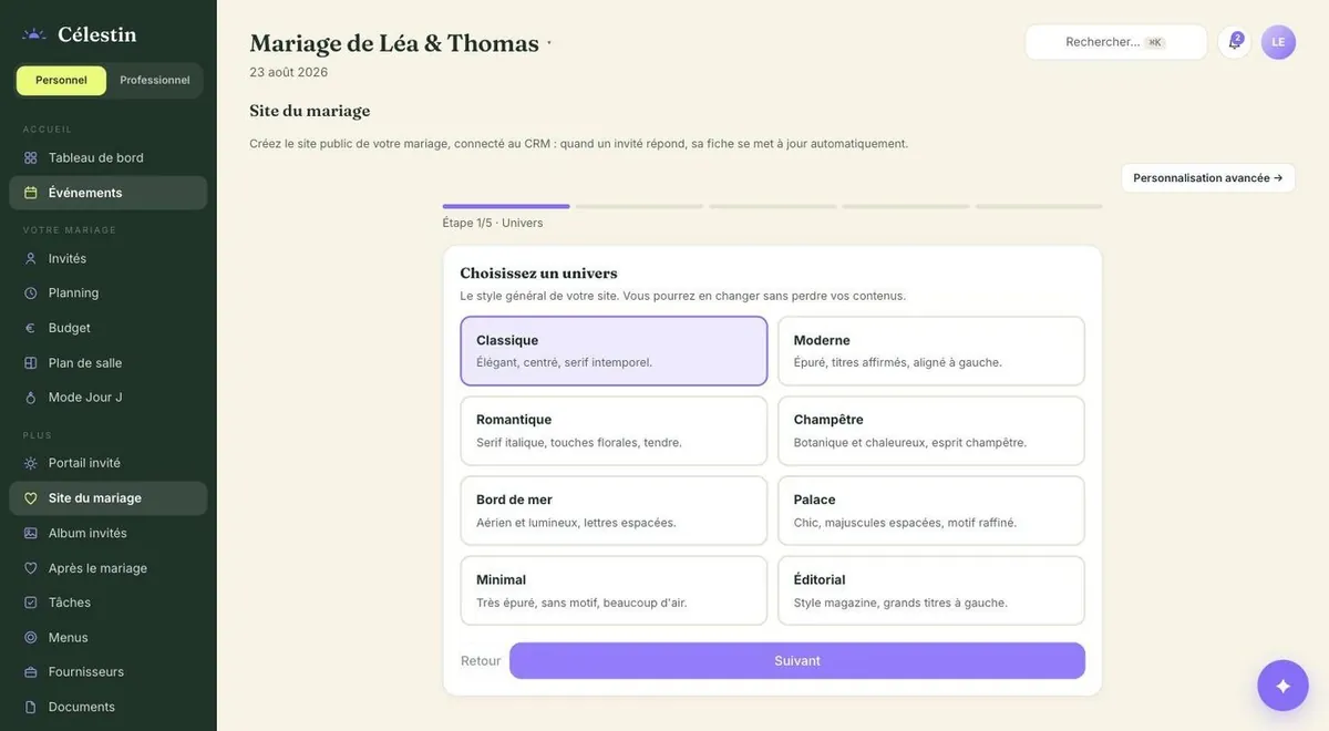 Capture de MON CÉLESTIN, Site de mariage : un assistant en quelques étapes et 34 univers de style.
