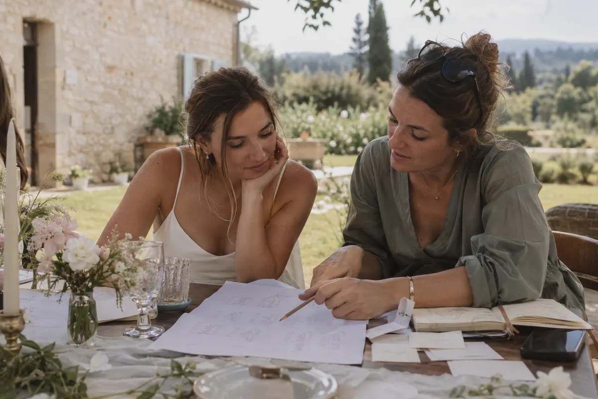 Une mariée et son organisatrice relisent le plan de table au crayon, à l’ombre d’un mas