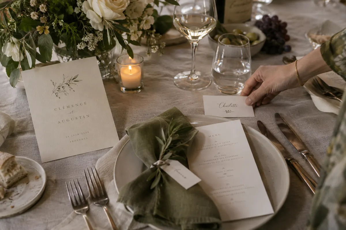 Une table dressée : menu, marque-place et carton assortis, serviette en lin vert et brin d’olivier