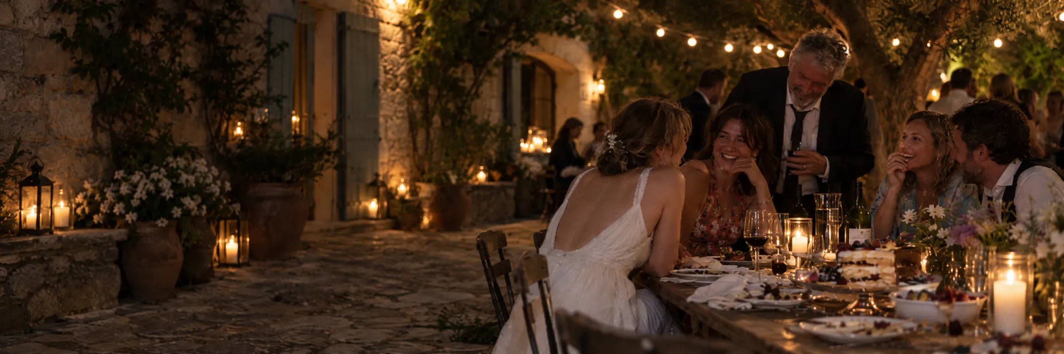La mariée rit avec ses invités à la table des desserts, dans la cour d’un mas éclairée aux bougies